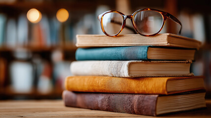 A neat pile of old hardcover books sits on a wooden surface with tortoiseshell glasses perched on top. Soft, warm light illuminates the scene, creating a cozy and inviting atmosphere