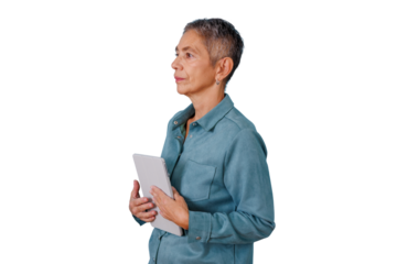 Senior woman holding digital tablet, thinking, working, looking away with pensive expression, transparent background