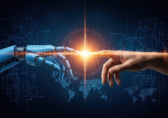 Human hand and robot hand touching, representing artificial intelligence and technology