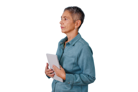 Senior woman holding digital tablet, thinking, working, looking away with pensive expression, transparent background - Powered by Adobe