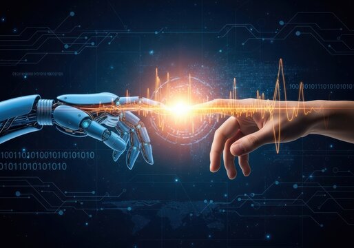 Human and robot hands touching with digital data transfer concept