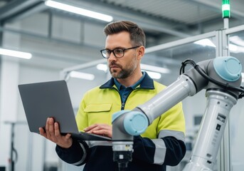 Engineer using a laptop to program a robotic arm in a modern factory setting