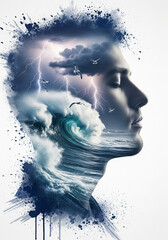 Double Exposure Man Profile Ocean Waves Stormy Sea Lightning Thunder Dramatic Sky Paint Splatter Surreal Cinematic Portrait Inner World Seascape Art