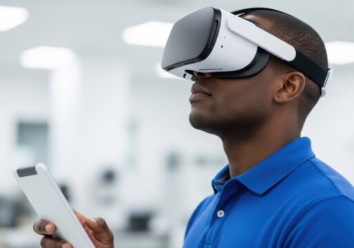 Black man wearing vr headset and holding a tablet, experiencing virtual reality