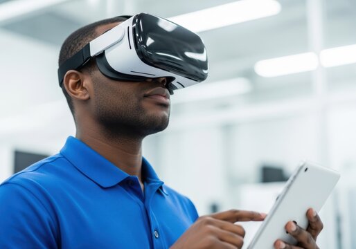 Man wearing VR headset and using a tablet, exploring virtual reality