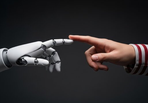 human hand touching a robotic hand, concept of artificial intelligence