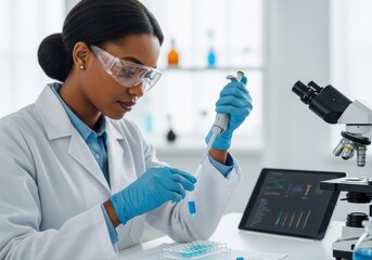 Scientist in lab coat using pipette for scientific research and analysis