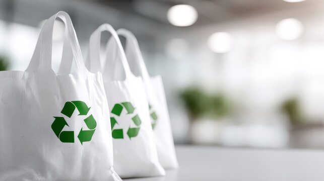 Eco-friendly reusable bags with green recycling symbols displayed on a table in a modern, bright environment promoting sustainability and environmental awareness