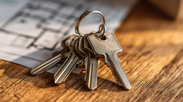 A set of metal keys lies on a wooden surface, bathed in warm sunlight. A floor plan rests beneath, hinting at new beginnings and homeownership - Powered by Adobe