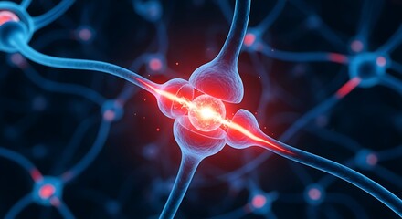 Neural network with synapse sending electrical impulses, depicting active brain communication and neurological processes