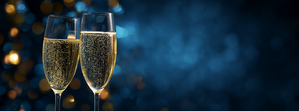Two champagne flutes sparkle against a bokeh background; ideal for celebrations, New Year's themes, and festive posters.