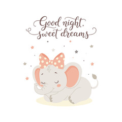 Template for a nursery room, poster, or card in a delicate pink and gray color scheme with expressive handwritten calligraphy Good night, sweet dreams. Cute baby elephant with a bow under the stars