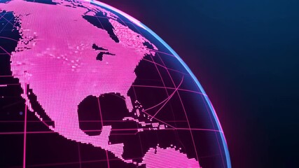 Neon digital globe spins highlighting north america in futuristic global network - Powered by Adobe