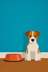 Cute dog sitting beside an empty orange bowl on a wooden floor against a blue wall