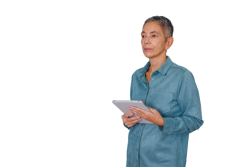 Senior woman holding digital tablet, looking away in profile, contemplating business technology and future innovation