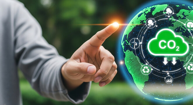 A hand touching a green globe with co2 cloud and renewable energy icons for sustainability concept