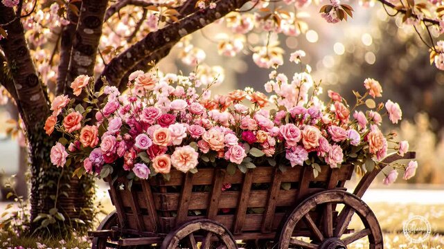 A sunlit rustic wooden wagon overflowing with a basket of pink flowers under blooming trees