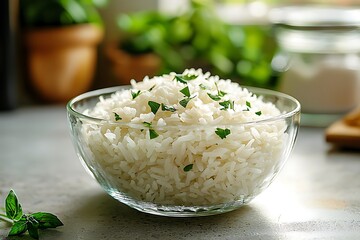 Cooked rice served in clear glass bowl high resolution picture