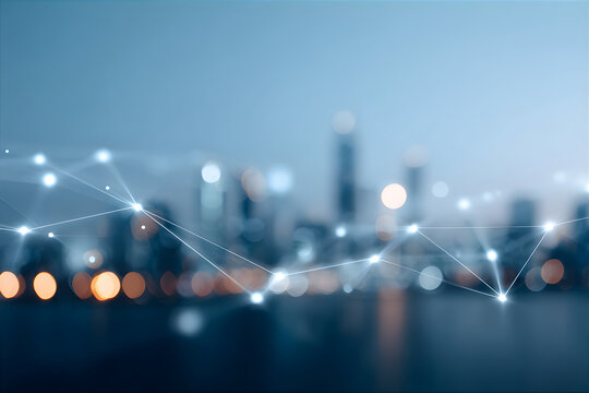 Abstract connection lines over blurred city skyline. Global network concept with bokeh lights for modern communication technology background.