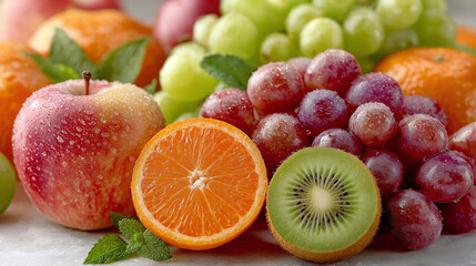 Vibrant still life features an apple, sliced orange, kiwi, green and red grapes, and mandarin oranges, lit by soft, diffused light, creating a refreshing, healthy and bright mood