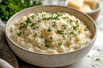 Creamy parmesan risotto with fresh parsley high resolution picture