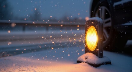 An illuminated roadside warning light on a snowy highway at dusk. A yellow safety marker glows during a winter snowstorm. Hazardous driving conditions and road safety concept