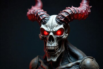 Intricate demon skull sculpture, horns elegantly curved, fiery red accents, gothic style, dark fantasy art Perfect for Halloween, gothic home decor, dark art projects , decor, shadow, gothic art