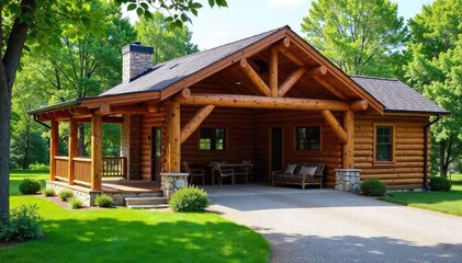 Rustic wooden porch seamlessly integrated with a detached garage, offering ample covered outdoor space and convenient storage Ideal for suburban or rural settings , vintage, country, beams