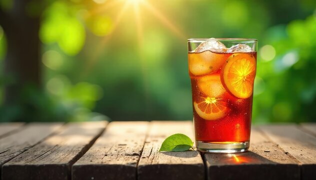 A refreshing glass of iced tea sweating condensation on a rustic wooden table, surrounded by lush greenery and sunlight , nature, refreshing drink