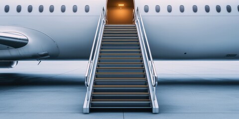 Airplane boarding stairs leading into cabin with glowing interior visible on a tarmac