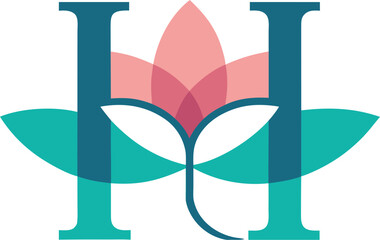 Elegant h letter logo with pink lotus flower and teal leaves