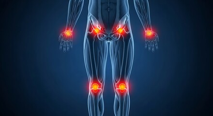 Human body showing joint pain. Medical illustration highlighting red inflamed areas in wrists, hips, and knees.