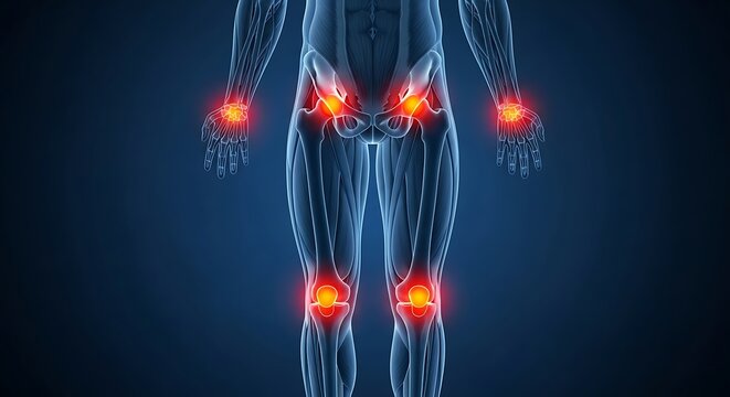 Human body showing joint pain. Medical illustration highlighting red inflamed areas in wrists, hips, and knees.