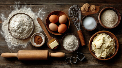 A flat lay displays baking necessities. A wooden rolling pin rests alongside bowls filled with flour, sugar, butter, and eggs. Cookie cutters add a festive touch on the dark wooden background
