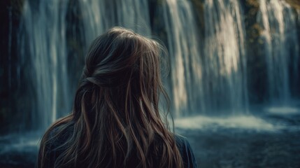 Woman With Back View Standing by a Misty Waterfall in a Serene Natural Scene