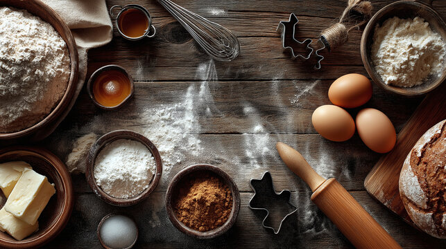 Various baking ingredients sit on a rustic wooden surface with scattered flour. There are bowls of flour, butter, and spices, along with eggs, a rolling pin, and cookie cutters