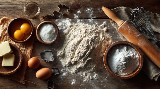 Baking ingredients are arranged on a rustic wooden table. Flour, eggs, butter, sugar, a rolling pin, whisk, and cookie cutters are ready for baking preparation - Powered by Adobe