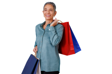 Happy senior woman carrying shopping bags on shoulder, enjoying retail therapy and consumer lifestyle, transparent background
