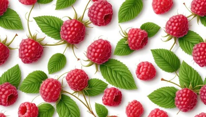 Fresh Raspberries & Green Leaves Pattern on White Background