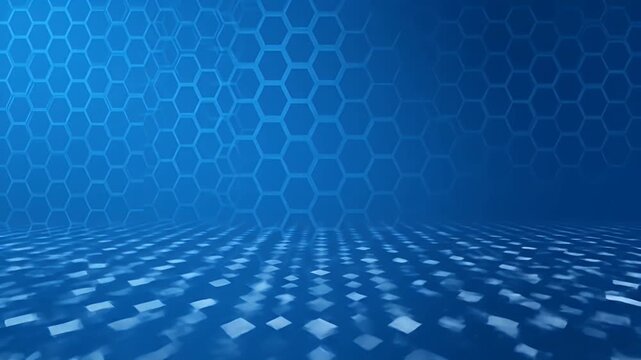 Blue Abstract Technology Background with Hexagonal Grid and Perspective Lights