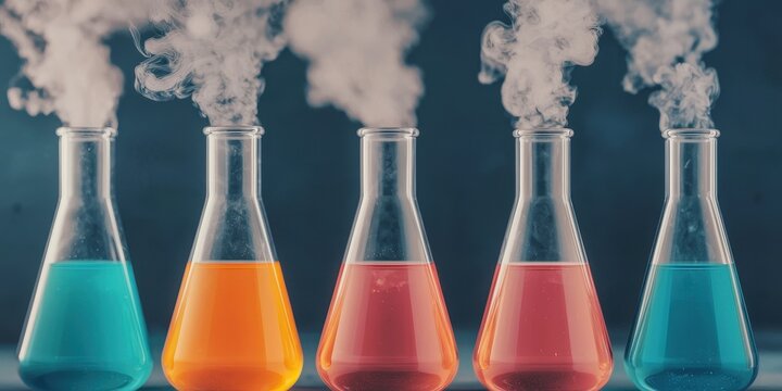 Five laboratory flasks containing colorful liquids and emitting white smoke