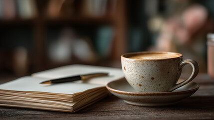 A speckled ceramic cup of coffee steams gently next to an open notebook and pen. Soft light bathes the scene, hinting at a peaceful, contemplative morning indoors