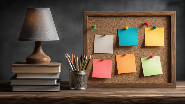 A realistic composition showing a wooden framed cork bulletin board with colorful sticky notes pinned to it. A lamp sits on top of stacked books, illuminating the scene, with pencils nearby