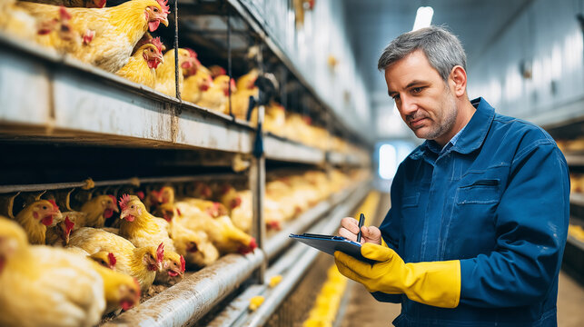 Man in blue work coveralls checks chickens in a poultry farm. He records data on a clipboard.