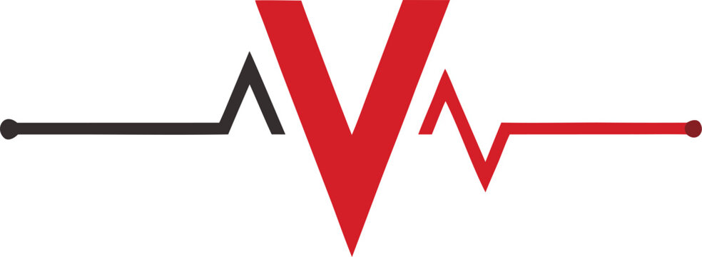 Red letter v integrated with heartbeat line cardiogram abstract logo