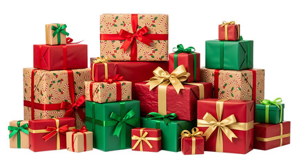 A festive stack of christmas presents wrapped in colorful paper and ribbons background transparent
