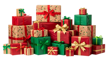 A festive stack of christmas presents wrapped in colorful paper and ribbons background transparent