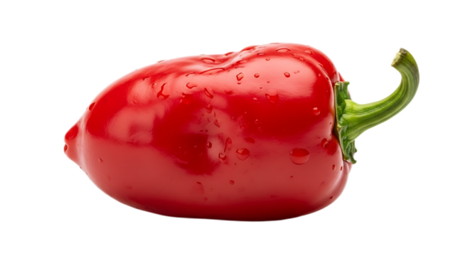 Close up of a single shiny red bell pepper with a green stem against a black background studio shot