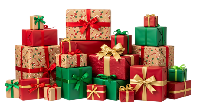 A festive stack of christmas presents wrapped in colorful paper and ribbons background transparent