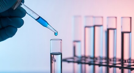 Close-up of hand in blue glove using pipette to drop blue liquid into a test tube during a science experiment in a laboratory